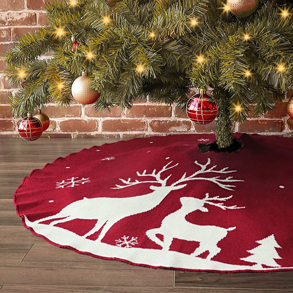 Christmas Tree Base Apron Elk Snow Scenery Knitted Tree Skirt