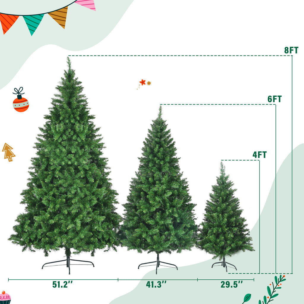 8ft, 6ft, 4ft Pre-Lit Green Pine Artificial Christmas Tree, 3 Articulated Christmas Trees With 820 Warm Yellow LED Lights & 2539 Branch Tips For Festive Decoration For Home, Office & Party